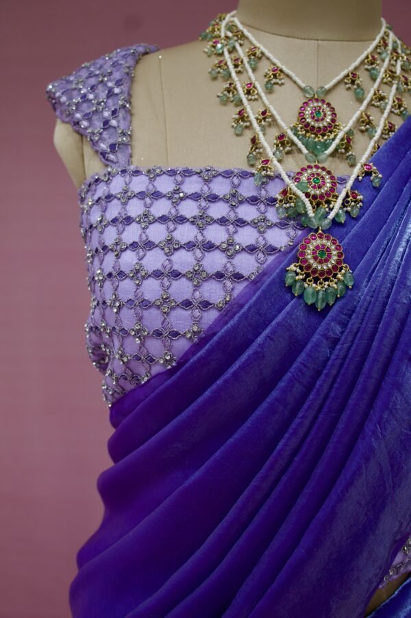 Suade falling silk fabric saree with heavy stone Embroidery blouse ( Full Set ) - Image 2