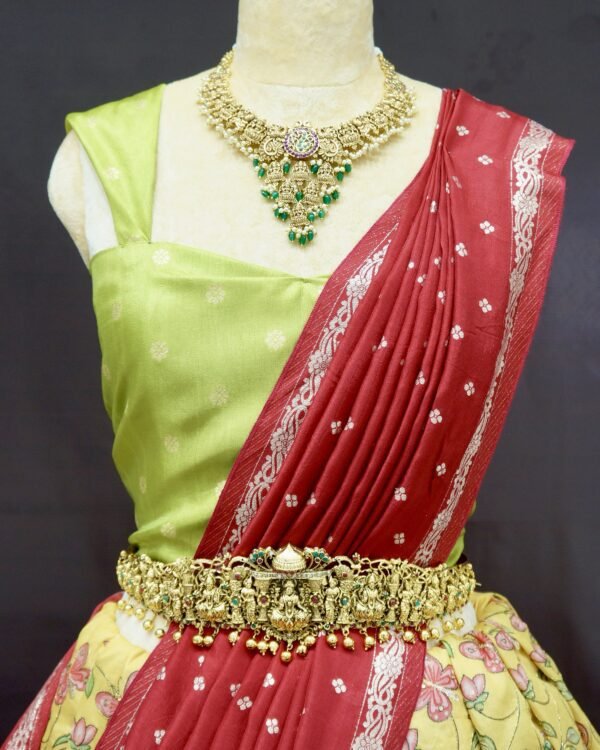 Kalamkari all over fabric and Russian Dola with weaving border dupatta
With Pure raw silk with zari boota Blouse ( Full Set ) - Image 2