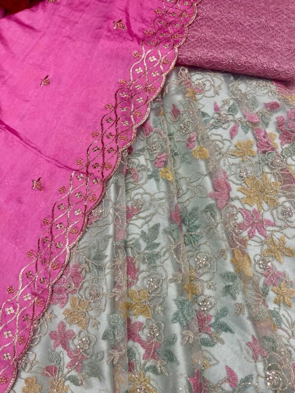 Netted all over flower cording design with multi thread work and Netted Blouse with Chinon Cut Work Duppata ( Full set )