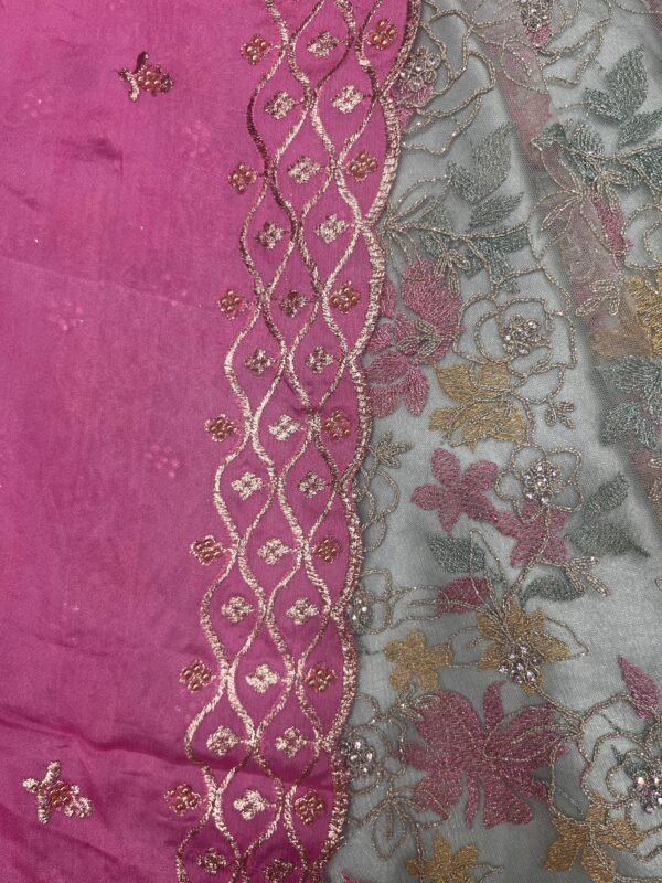 Netted all over flower cording design with multi thread work and Netted Blouse with Chinon Cut Work Duppata ( Full set ) - Image 3