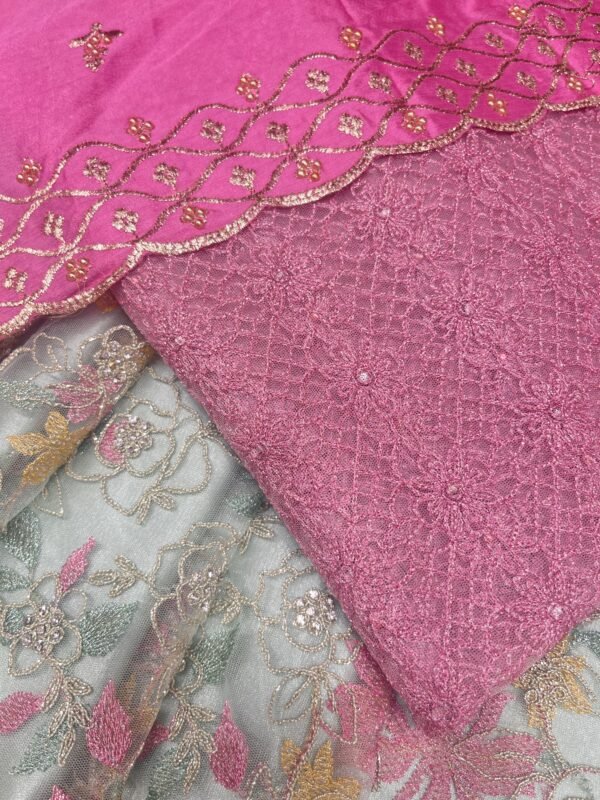 Netted all over flower cording design with multi thread work and Netted Blouse with Chinon Cut Work Duppata ( Full set ) - Image 2