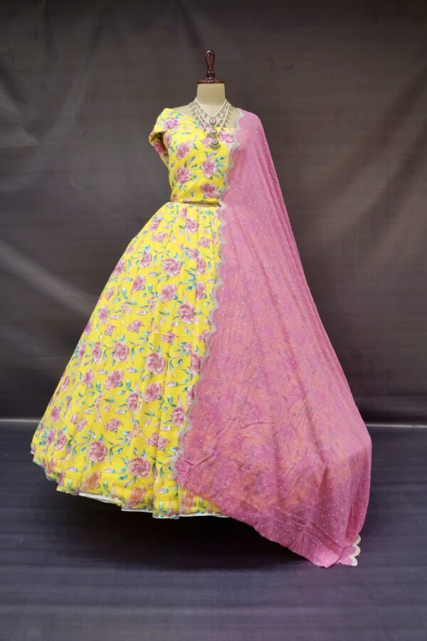Gerorgette Floral Digital Print with Thread Work Lehenga with Gerorgette cut work Dupatta ( Full Set )