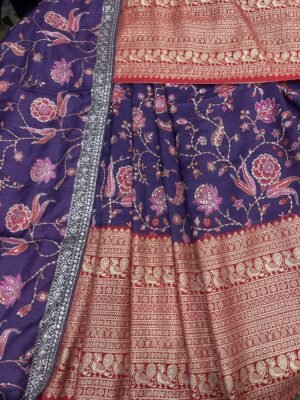 Russian silk all over position print with Jaqard border with self blouse along with self dupatta cut work ( Full Set )