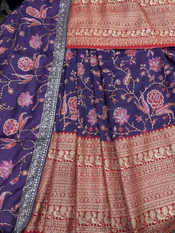 Russian silk all over position print with Jaqard border with self blouse along with self dupatta cut work ( Full Set )