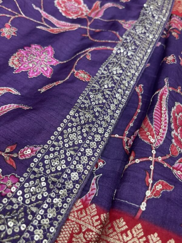 Russian silk all over position print with Jaqard border with self blouse along with self dupatta cut work ( Full Set ) - Image 3