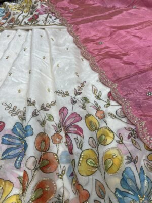 Fandy silk with position print with self blouse along with contrast Duppata with cut work border