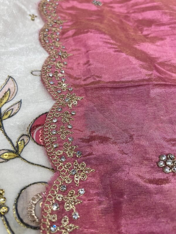 Fandy silk with position print with self blouse along with contrast Duppata with cut work border - Image 2
