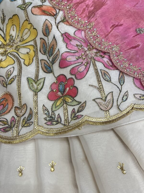 Fandy silk with position print with self blouse along with contrast Duppata with cut work border - Image 3
