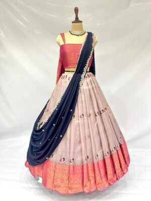 Tissue Fabric with all over peacock butta along with Kanchi border with Tissue blouse sequence work contrast dupatta with Jarkhan work ( Full Set )