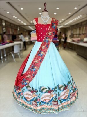 Tusser kalamkari print Lehenga with Banaras Butta Blouse with Kalankari Dupatta ( Full Set )