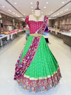 Pure pattu lehenga with pen Kalankari border along with Kalankari position print dupatta. ( Full Set )