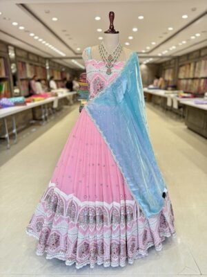 Gearged thread work lehenga along with diamond silk cut work dupatta (fullset)