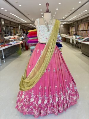 Tissue fabric multi colour pearl work with tissue work blouse along with diamond silk cut work dupatta ( Full Set )