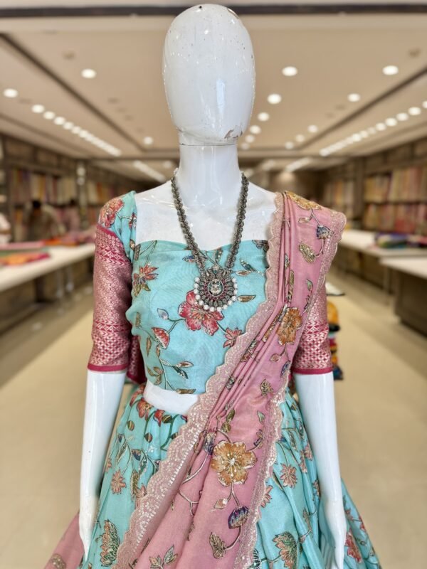 Tissue position print lehenga with border self blouse along with Kalankari print  dupatta (full set) - Image 2