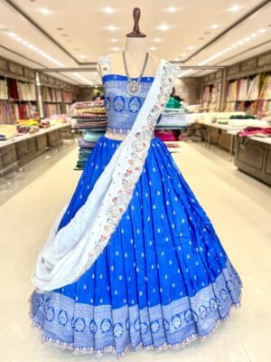 Dola slik lehenga with cut work  border self blouse along with Tissue multi colour thread work Dupatta (full set)
