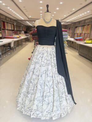 Tussur silk print with mirror work lehenga along with Falling raw silk with Running dupatta (Full set)