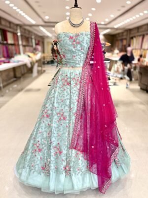 Netted jarqan work lehenga with self blouse along with Netted cut work dupatta (full set)