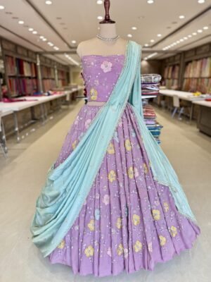 Tissue lehenga with thread work with Moti and sequence work Along with self blouse with tissue cut work dupatta (full set)