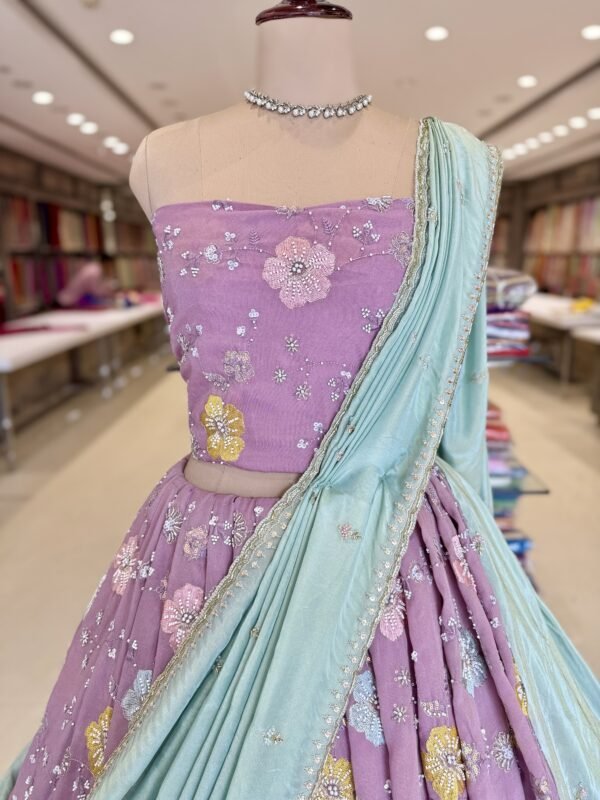 Tissue lehenga with thread work with Moti and sequence work Along with self blouse with tissue cut work dupatta (full set) - Image 2