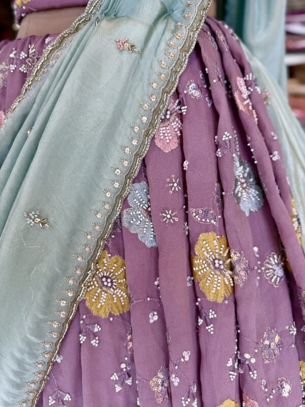 Tissue lehenga with thread work with Moti and sequence work Along with self blouse with tissue cut work dupatta (full set) - Image 3