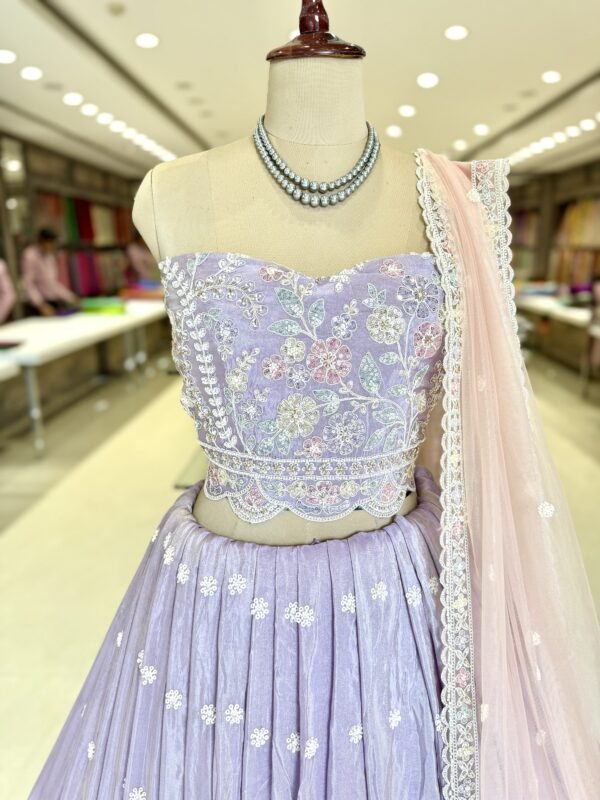 Tissue lehenga with seqance and jarqan work with self blouse Along with cut work dupatta (full set) - Image 2