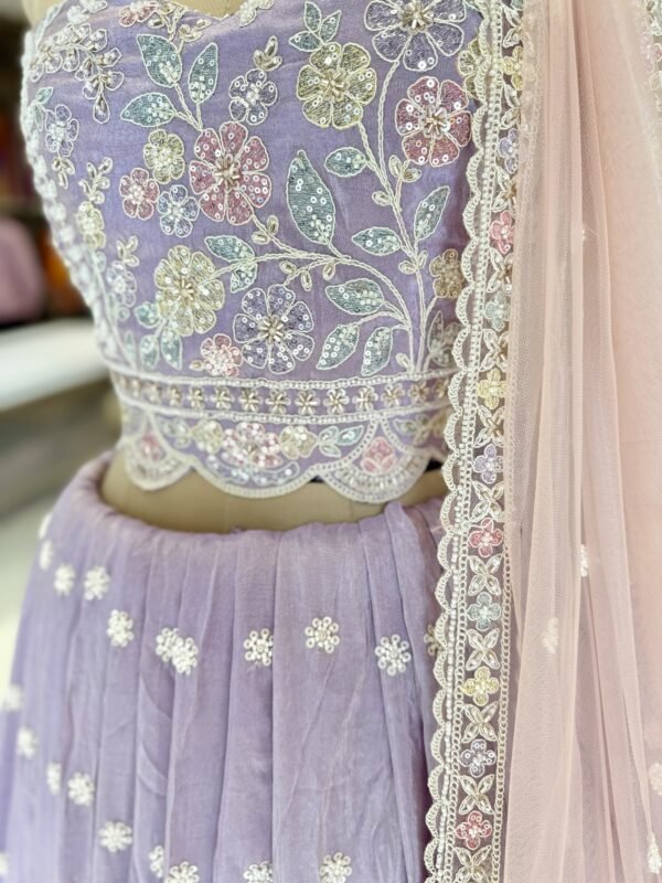 Tissue lehenga with seqance and jarqan work with self blouse Along with cut work dupatta (full set) - Image 3