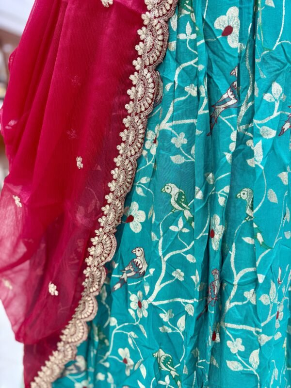 Dola slik lehenga all over design along with munia border with self blouse along with shimmer chiffon cut work dupatta semi stitch (full set) - Image 3