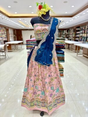 Tissue position print Lehenga with self blouse along with contrast cut work dupatta semi stitch (full set)
