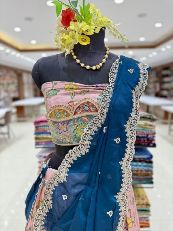 Tissue position print Lehenga with self blouse along with contrast cut work dupatta semi stitch (full set) - Image 2