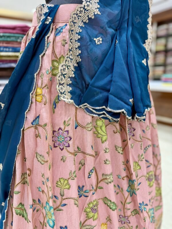 Tissue position print Lehenga with self blouse along with contrast cut work dupatta semi stitch (full set) - Image 3