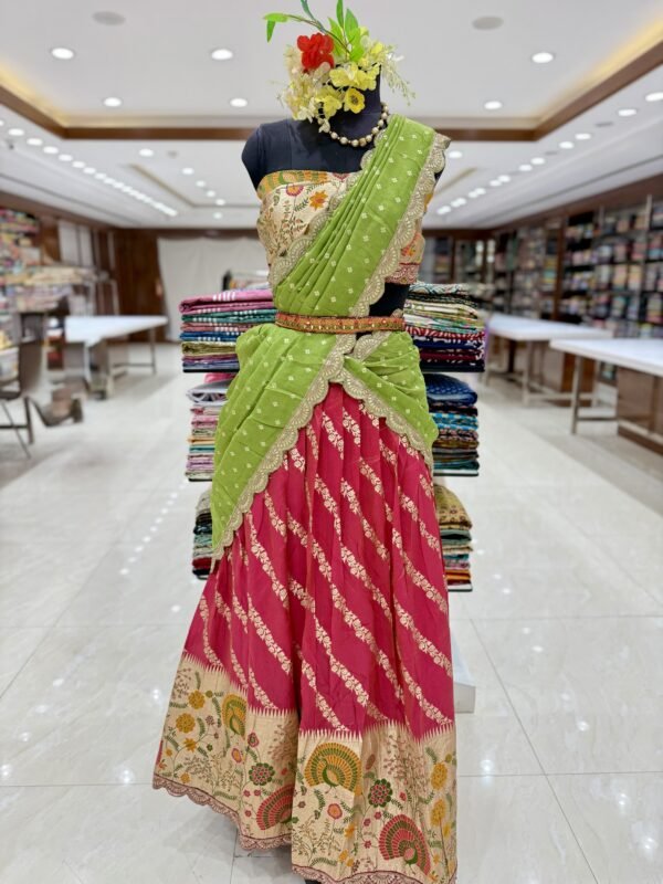 Tissue Lehenga along with Pythani border with self blouse along with dola slik cutwork dupatta semi stitch (full set)