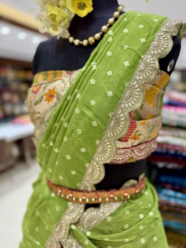 Tissue Lehenga along with Pythani border with self blouse along with dola slik cutwork dupatta semi stitch (full set) - Image 3