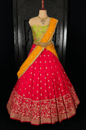 Dola slik lehenga with contrast position print blouse along with cut work dupatta (full set)