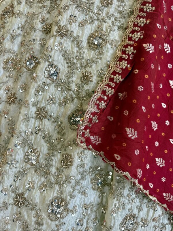 Tissue Lehenga and blouse along with all over kardana and copper seqance work along with contrast bandini cut work dupatta (full set) - Image 4