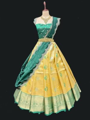 Kanchi Tissue Pattu Lehenga with pure Pattu Blouse along with Contrast Cut work Dupatta ( Full Set )