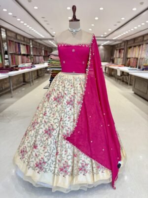 Net all over work along with thread and stone work with contrast semi Rawsilk botti blouse with contrast chiffon cutwork dupatta(fullest)