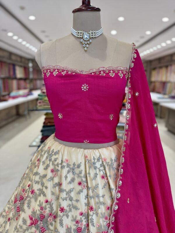 Net all over work along with thread and stone work with contrast semi Rawsilk botti blouse with contrast chiffon cutwork dupatta(fullest) - Image 2