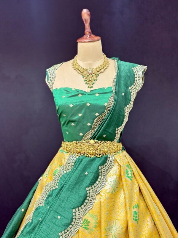 Kanchi Tissue Pattu Lehenga with pure Pattu Blouse along with Contrast Cut work Dupatta ( Full Set ) - Image 2