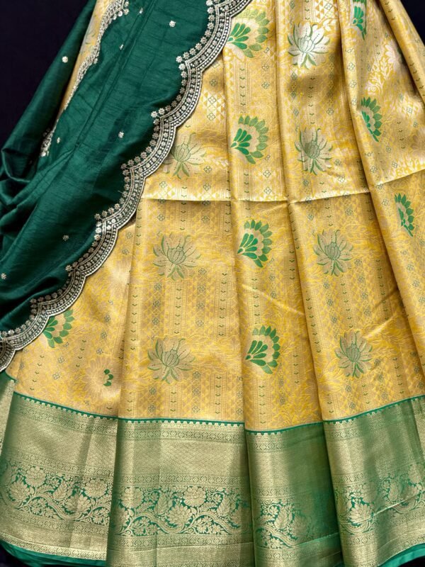Kanchi Tissue Pattu Lehenga with pure Pattu Blouse along with Contrast Cut work Dupatta ( Full Set ) - Image 4