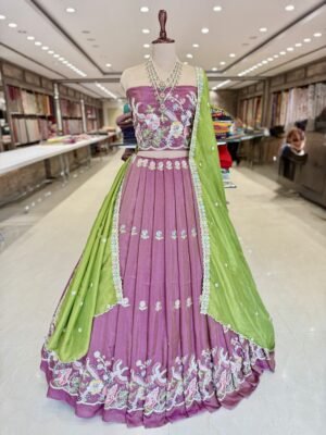 Tissue Lehenga with heavy mothi work Daman design along with contrast cut work dupatta (fullest)