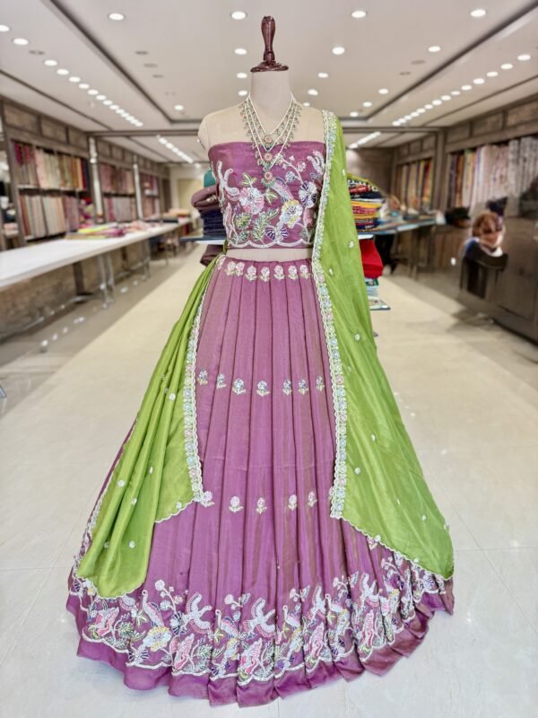 Tissue Lehenga with heavy mothi work Daman design along with contrast cut work dupatta (fullest)