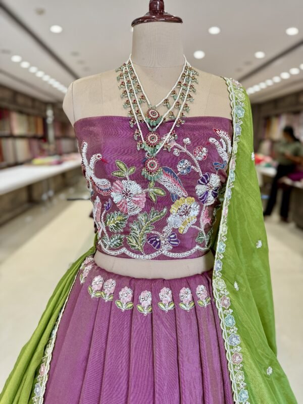 Tissue Lehenga with heavy mothi work Daman design along with contrast cut work dupatta (fullest) - Image 2