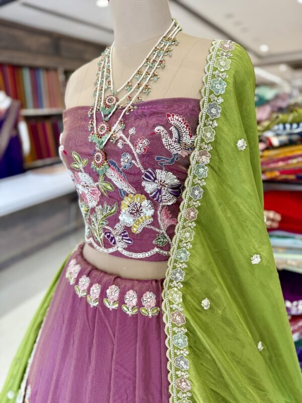 Tissue Lehenga with heavy mothi work Daman design along with contrast cut work dupatta (fullest) - Image 3