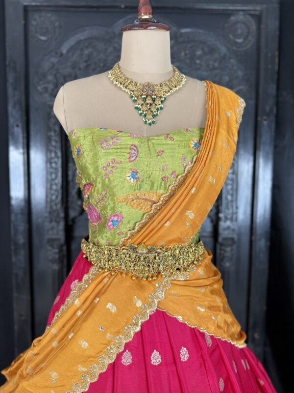 Dola slik lehenga with contrast position print blouse along with cut work dupatta (full set) - Image 2
