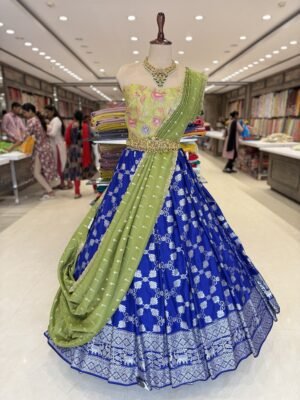 Dola slik lehenga with border along with tissue cut work dupatta contract position print blouse (full set)