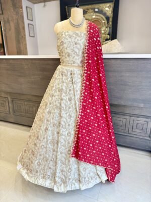 Tissue Lehenga and blouse along with all over kardana and copper seqance work along with contrast bandini cut work dupatta (full set)