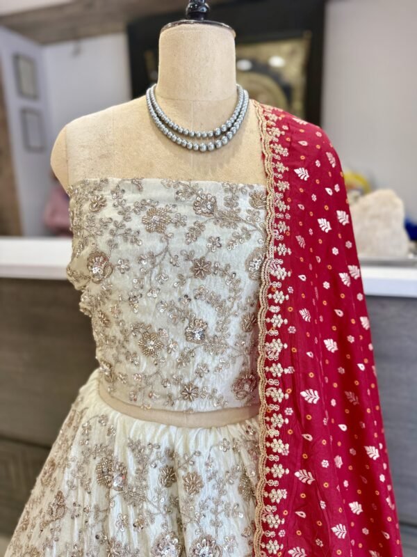 Tissue Lehenga and blouse along with all over kardana and copper seqance work along with contrast bandini cut work dupatta (full set) - Image 2